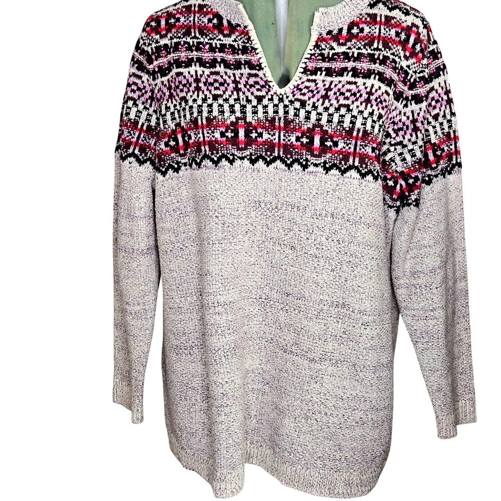 J.Jill Womens Fair Isle Knit Sweater XL Gray Red Pink Long Sleeve Cotton Blend